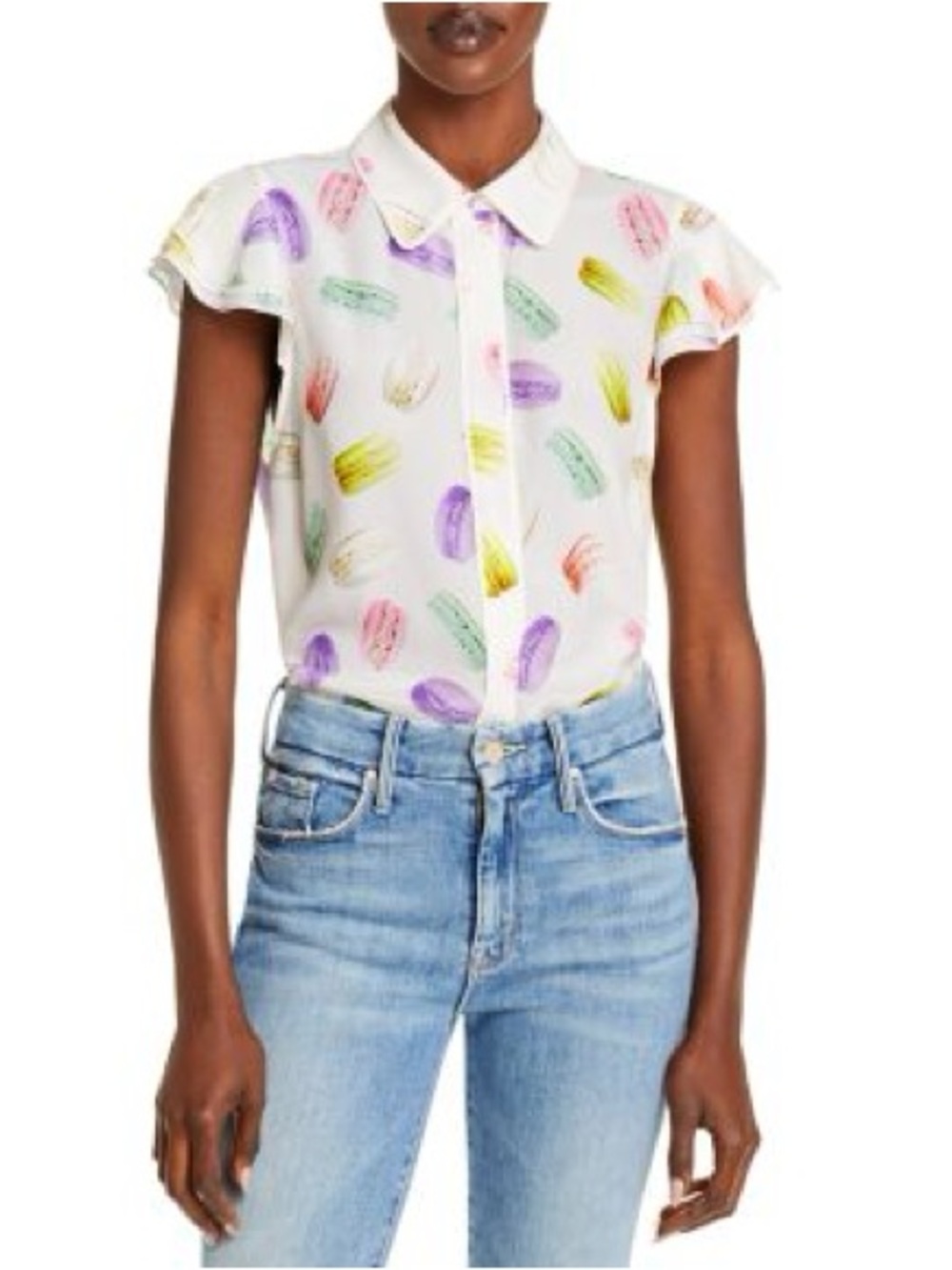 Alice + Olivia Eli Flutter Sleeve Silk Blouse Sunday Macaroons Print Medium NWT - Picture 2 of 6